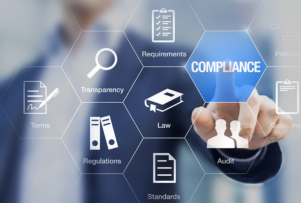 Compliance concept with icons for regulations, law, standards, requirements and audit on a virtual screen with a business person touching a button